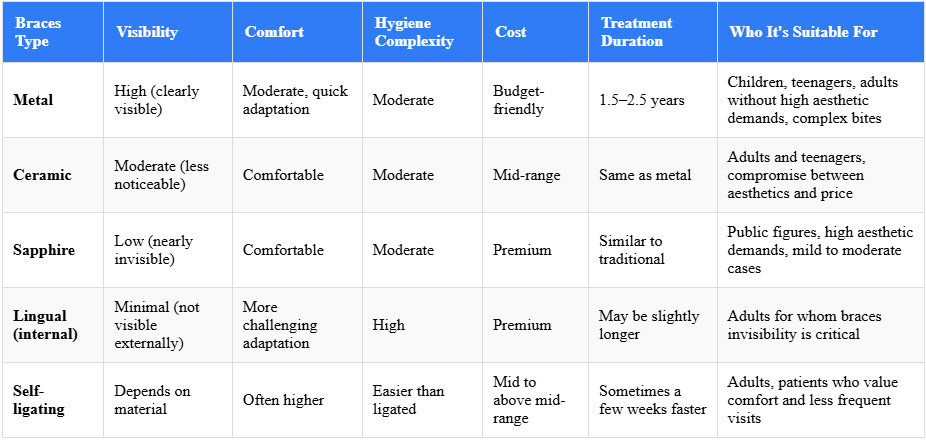 Types of Braces: What Braces Systems Exist and How to Choose the Right Option for You 6 Comparative Table of Braces Types